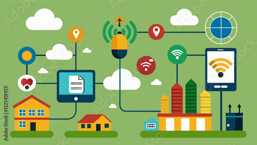 Wireless networks connecting sensors weather stations and other devices to a central monitoring system providing farmers with realtime updates and alerts.. Vector illustration