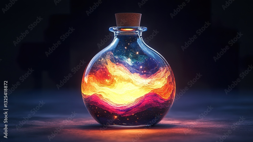 A glass bottle holds a miniature colorful galaxy inside it A glass bottle holds a miniature colorful galaxy inside it