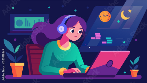 As the clock ticks closer to midnight a passionate teenage game designer hunched over her laptop perfecting the transitions and animations for the games interface.. Vector illustration