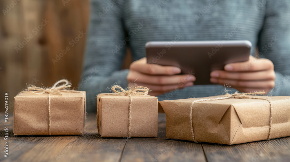 Stylish High-End Magazine Photograph Capturing Beautifully Wrapped Gifts on Wooden Table Stylish High-End Magazine Photograph Capturing Beautifully Wrapped Gifts on Wooden Table