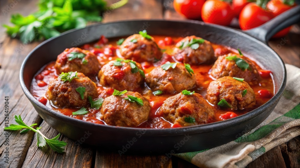 Close up of meatballs in tomato sauce sizzling in cast iron skillet, meatballs, tomato sauce, cast iron skillet Close up of meatballs in tomato sauce sizzling in cast iron skillet, meatballs, tomato sauce, cast iron skillet