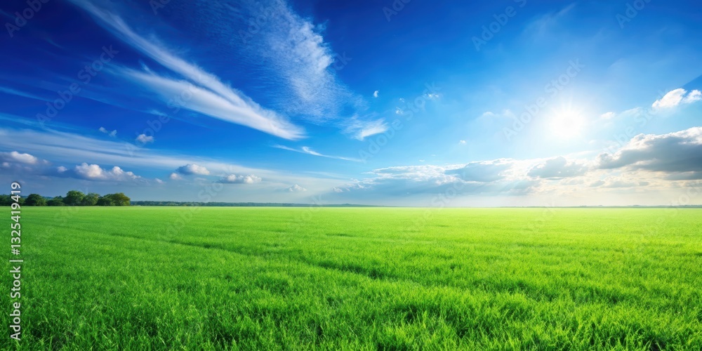 Vibrant green grass field under clear blue sky, nature, landscape, outdoor, tranquil, peaceful, serene, isolated Vibrant green grass field under clear blue sky, nature, landscape, outdoor, tranquil, peaceful, serene, isolated