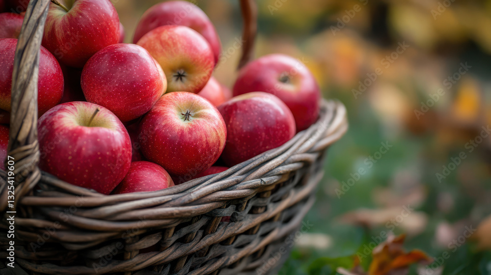 A wicker basket overflowing with ripe, red apples sits outdoors in an autumnal setting.