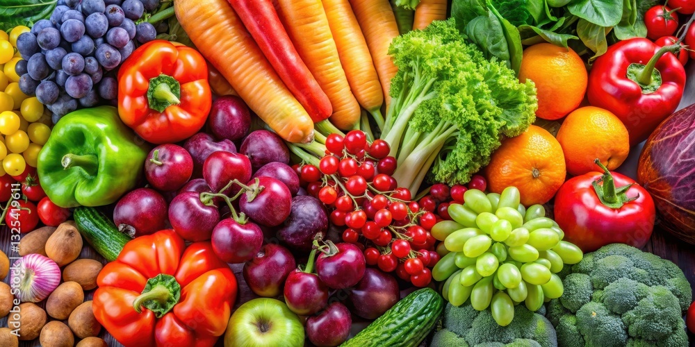 A vibrant collection of fresh fruits and vegetables including apples, grapes, tomatoes, lettuce, and carrots, healthy A vibrant collection of fresh fruits and vegetables including apples, grapes, tomatoes, lettuce, and carrots, healthy