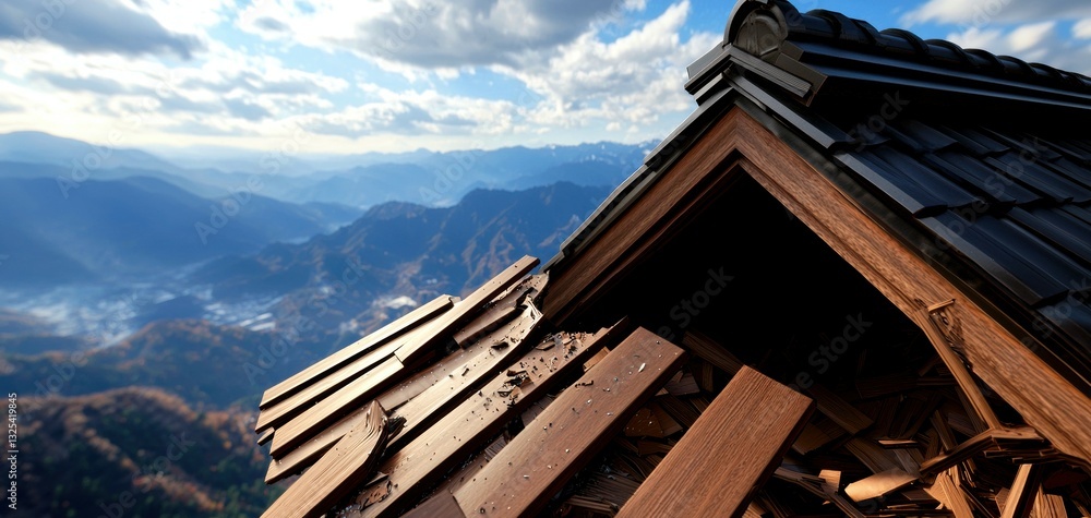 Obraz premium Roof Decay at Mountain Top Japanese Home with Distant Misty Peaks against a Sky Scene and Clouds