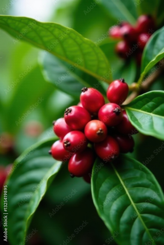 Lush Costa Rican coffee plant laden with ripe red cherries , farm, abundance Lush Costa Rican coffee plant laden with ripe red cherries , farm, abundance