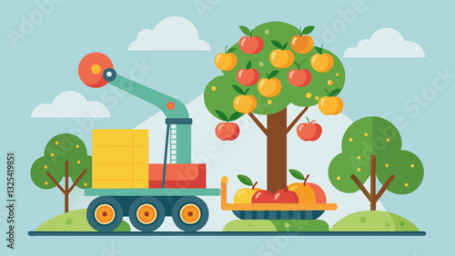 With the ability to harvest multiple types of fruit an advanced tree fruit harvester streamlines the process and reduces the need for separate machinery.. Vector illustration