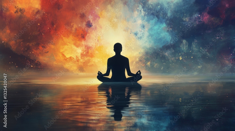 Serene silhouette meditating on calm water against a vibrant cosmic backdrop, evoking tranquility Serene silhouette meditating on calm water against a vibrant cosmic backdrop, evoking tranquility