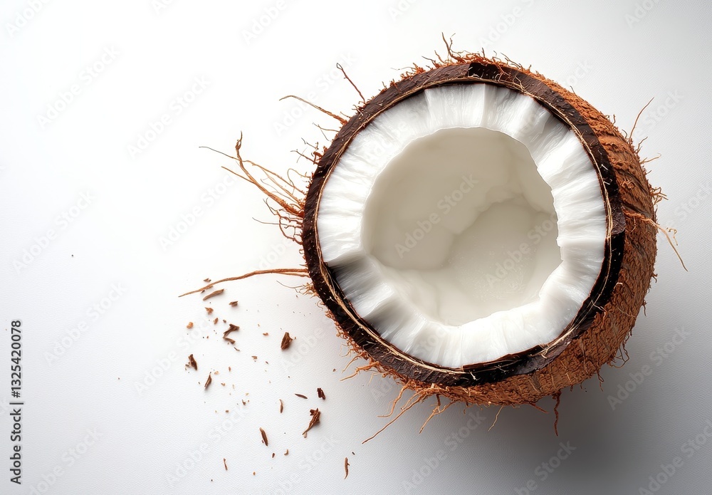 Fresh Coconut Half with White Flesh and Brown Husk on White Background for Healthy Food, Vegan Ingredient, and Tropical Decor Ideas Fresh Coconut Half with White Flesh and Brown Husk on White Background for Healthy Food, Vegan Ingredient, and Tropical Decor Ideas