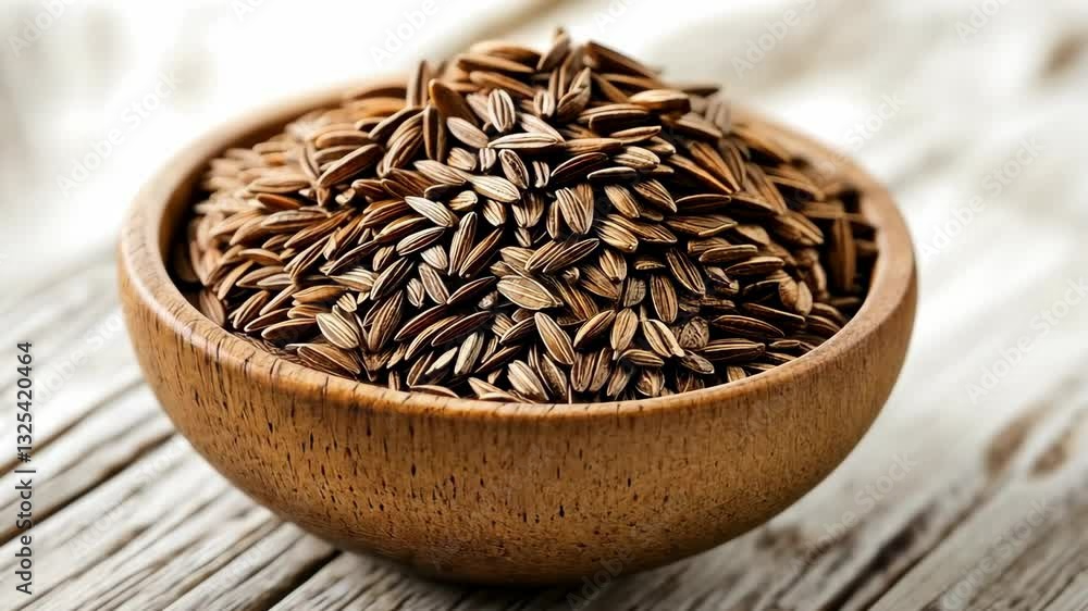 Cumin seeds displayed in a wooden bowl on a rustic table with natural lighting capturing their texture and color Cumin seeds displayed in a wooden bowl on a rustic table with natural lighting capturing their texture and color