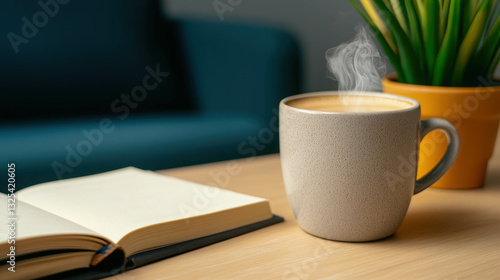 Cozy Modern Style Photograph of a Warm Coffee Mug with Book and Plant on a Table