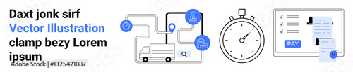 Delivery vehicle navigating route with location markers, stopwatch tracking time, and processed invoices. Ideal for logistics, supply chain, time, efficiency, payment, delivery solutions business