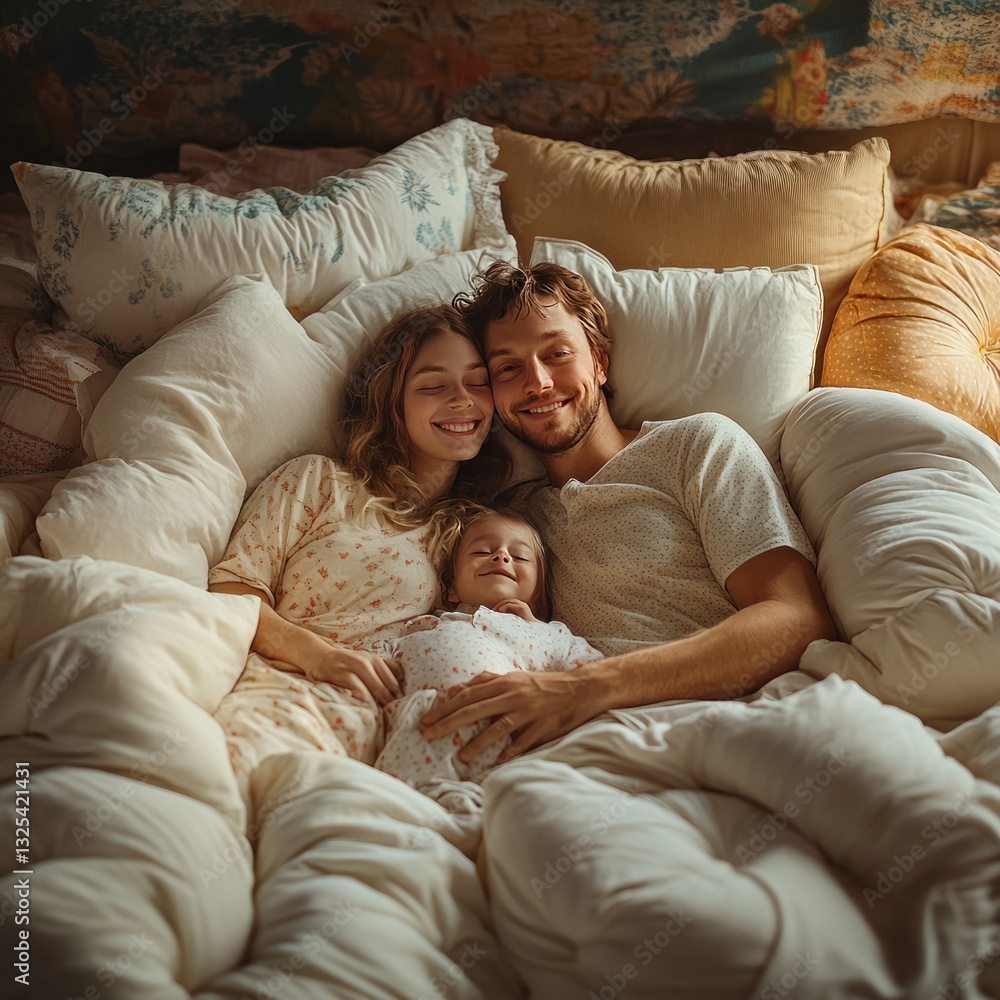 A joyful family in pajamas, snuggling in a mountain of pillows and blankets
A joyful family in pajamas, snuggling in a mountain of pillows and blankets