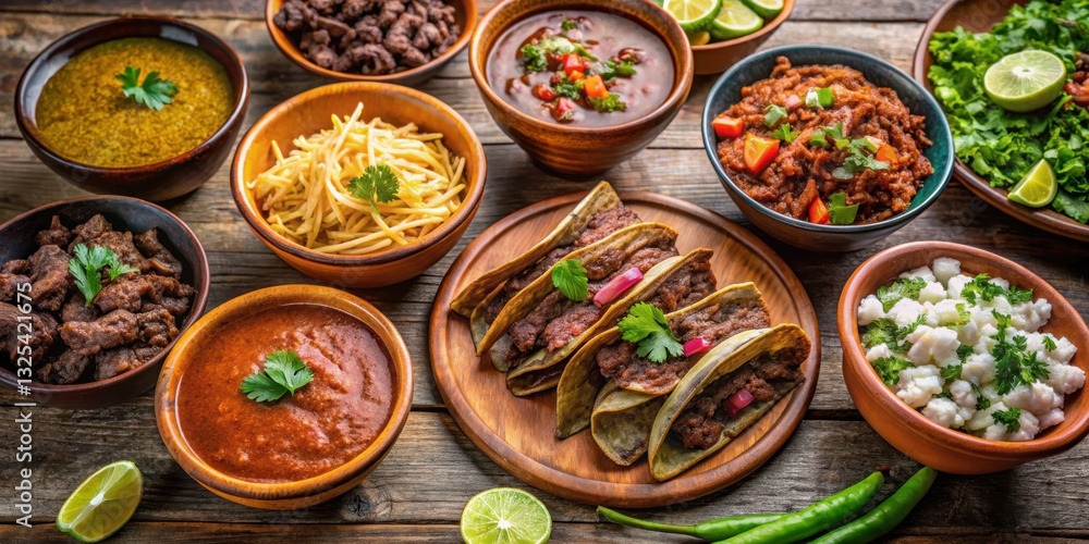 Table set up with freshly prepared birria and barbacoa, ready to be served in tacos , birria, barbacoa Table set up with freshly prepared birria and barbacoa, ready to be served in tacos , birria, barbacoa