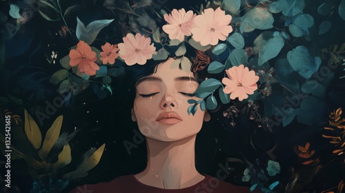 Serene woman surrounded by vibrant flowers and foliage, reflecting tranquility in nature