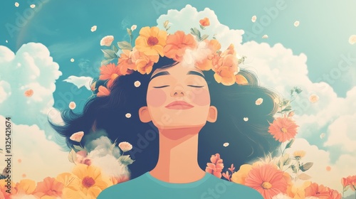 Serene woman with floral crown enjoying a sunny day, surrounded by vibrant flowers and clouds