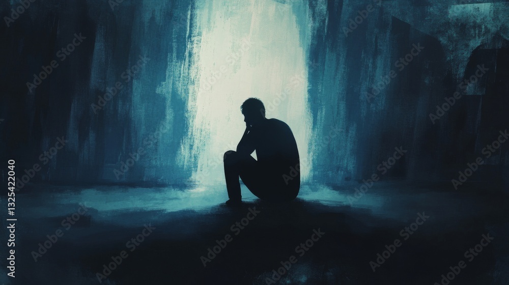 Silhouette of a contemplative figure sitting in a dimly lit cave with ethereal blue lighting Silhouette of a contemplative figure sitting in a dimly lit cave with ethereal blue lighting