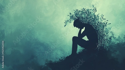 Silhouette of a contemplative figure surrounded by foliage against a dreamy, ethereal backdrop