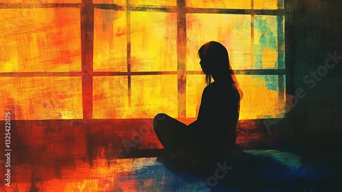 Silhouette of a contemplative person sitting by a vibrant window, reflecting on life