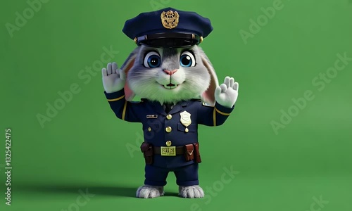 a small rabbit in a police officer’s uniform executes dynamic k-pop dance moves with sharp gestures and stylish footwork on a green screen
