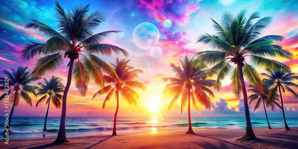 Naklejka premium A vibrant double exposure combining summer elements such as palm trees, beach, and sun against a colorful background