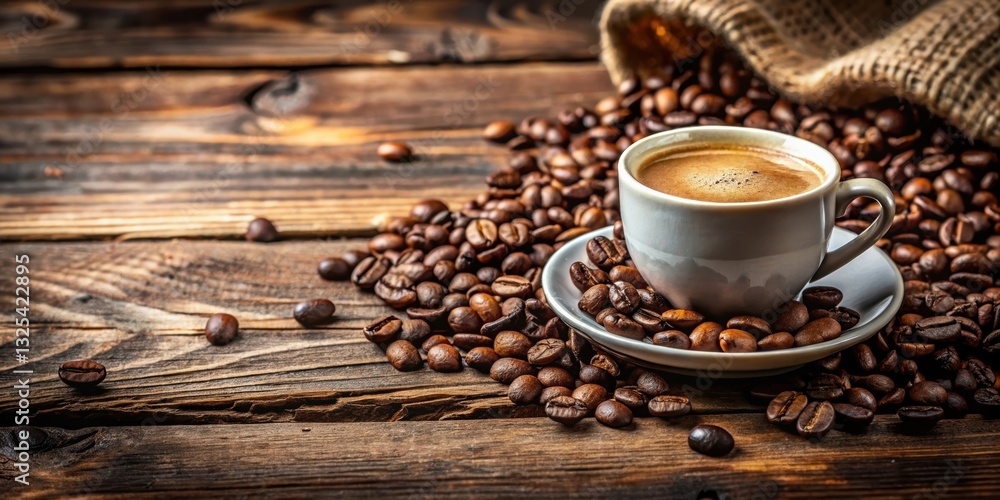 A close-up shot of an espresso coffee cup filled with freshly roasted beans, placed on a rustic vintage table , espresso, coffee A close-up shot of an espresso coffee cup filled with freshly roasted beans, placed on a rustic vintage table , espresso, coffee