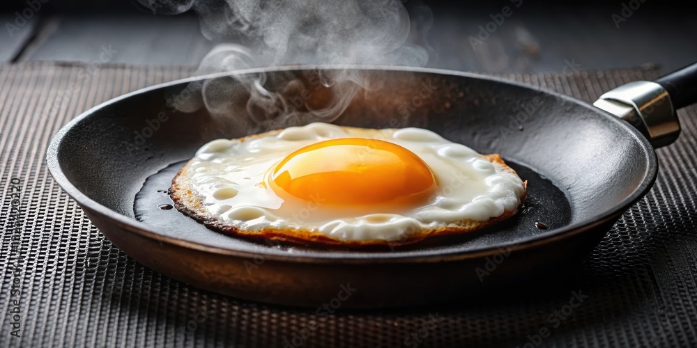 Close up of a perfectly cooked fried egg sizzling on a hot frying pan, breakfast, cooking, food, protein, sunny side up, delicious Close up of a perfectly cooked fried egg sizzling on a hot frying pan, breakfast, cooking, food, protein, sunny side up, delicious