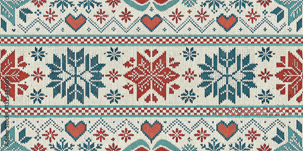 winter Seamless Nordic inspired knitted pattern with geometric snowflakes