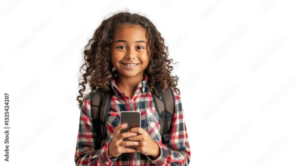 Smiling student using smartphone with transparent background Smiling student using smartphone with transparent background