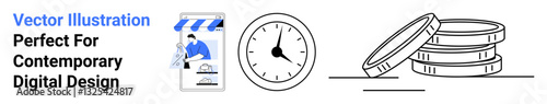 Shopping app, clock symbolizing time, and stacked coins for finances underline technology, commerce, and productivity. Ideal for digital marketing, ecommerce, time saving, finance apps startups