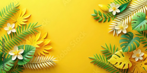 Paper cut style tropical leaves and flowers on bright yellow background, tropical, leaves, flowers, paper cut, style, art