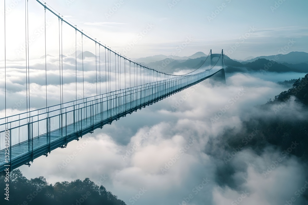 Obraz premium Ethereal Suspension Bridge Amid Misty Mountain Vistas