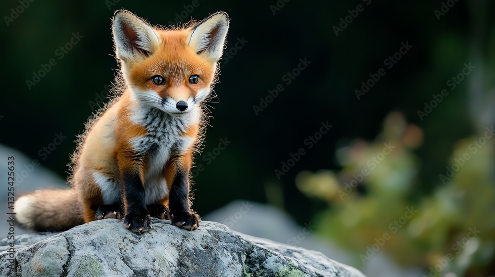 Obraz premium A young fox sits on a rock, displaying its vibrant orange fur and inquisitive expression against a blurred natural background.