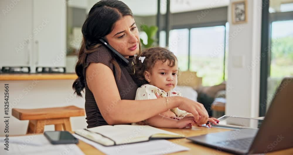 Remote work from home, phone call and mother with kid, multitasking and conversation. Family, parent and mama with baby, child or cellphone with discussion, deadline and talking with tech or chaos Remote work from home, phone call and mother with kid, multitasking and conversation. Family, parent and mama with baby, child or cellphone with discussion, deadline and talking with tech or chaos