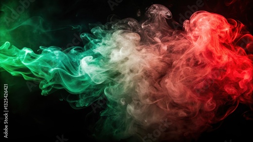 Smoke billowing in red-green light on black background in darkness, smoke, billowing, red-green, light