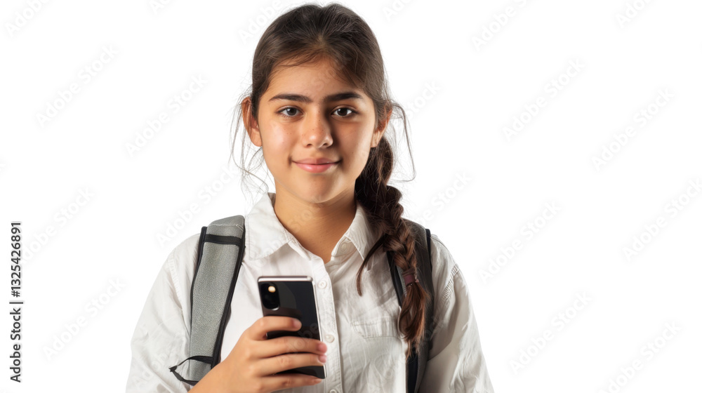 Smiling student girl with backpack using smartphone on transparent background Smiling student girl with backpack using smartphone on transparent background