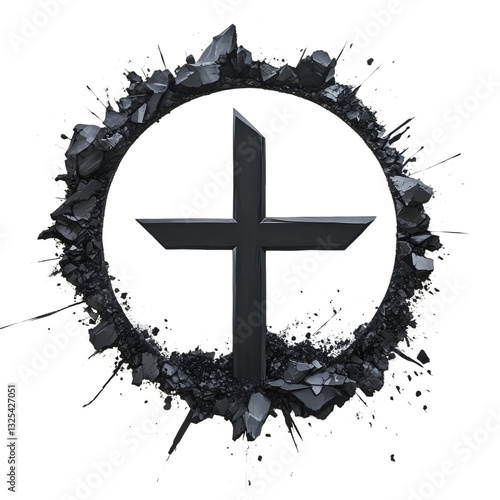 Png of A striking black cross within a jagged circular frame, embodying strength and resilience on transparent background.