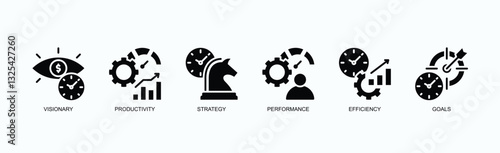 Success Metrics Icon Set Icon Set Isolated Vector Illustration Concept With Icon Of Visionary, Productivity, Strategy, Performance, Efficiency, Goals In Glyph Style