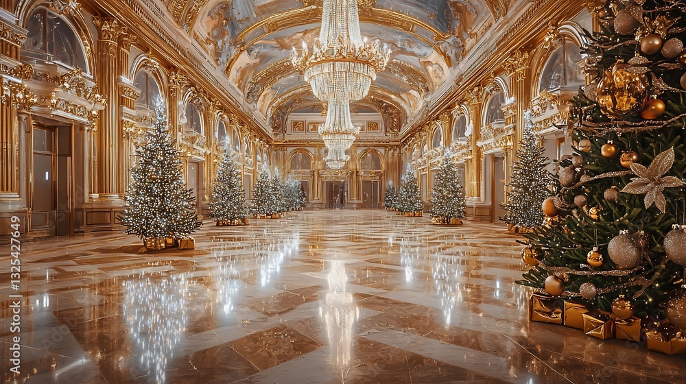 Fototapeta premium Lavish Christmas ballroom grand chandeliers luxurious gold silver decor polished marble floors elegant festive aesthetic