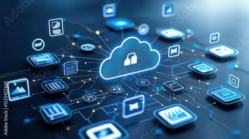 Wallpaper Mural of a cloud based computing system with various interconnected digital icons representing data connectivity and cloud technology services Torontodigital.ca