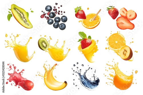 A collection of colorful fruit juice splashes