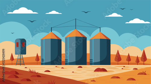 The silos doors hang open creaking eerily in the wind as if beckoning for someone to come and fill it with grain once again. But the fields are barren and no one has answered its. Vector illustration