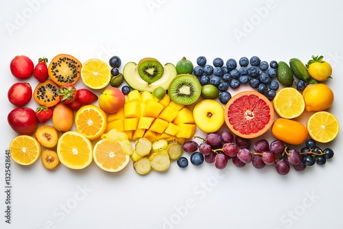 A mixture of many types of fruits arranged in a gradient pattern