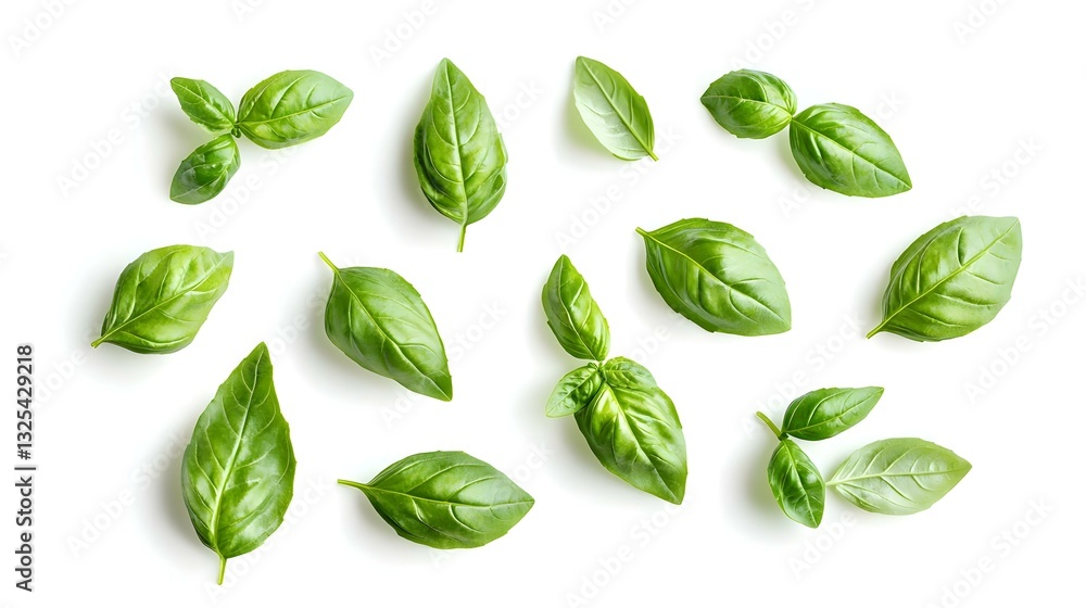 Flying Fresh basil herb leaves isolated on white Flying Fresh basil herb leaves isolated on white