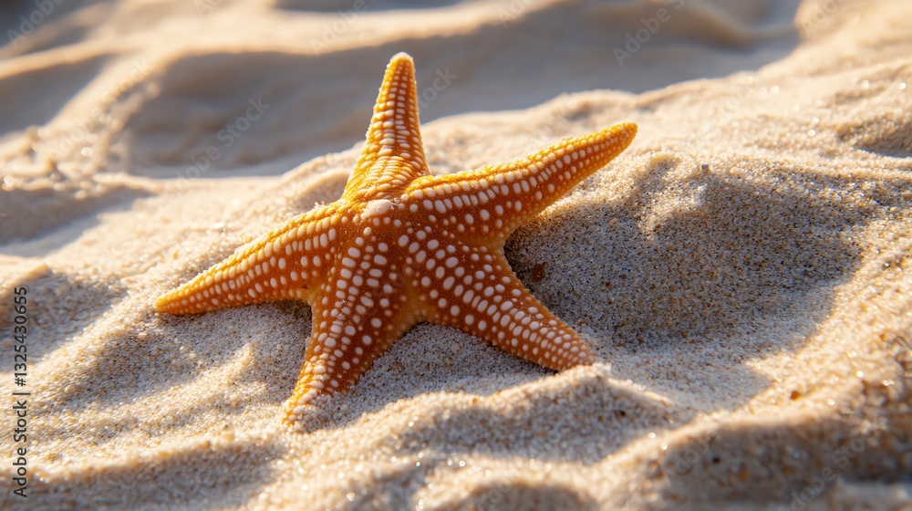 A vibrant orange starfish rests on golden sand under soft sunlight, showcasing its unique texture and natural beauty by the shoreline. A vibrant orange starfish rests on golden sand under soft sunlight, showcasing its unique texture and natural beauty by the shoreline.