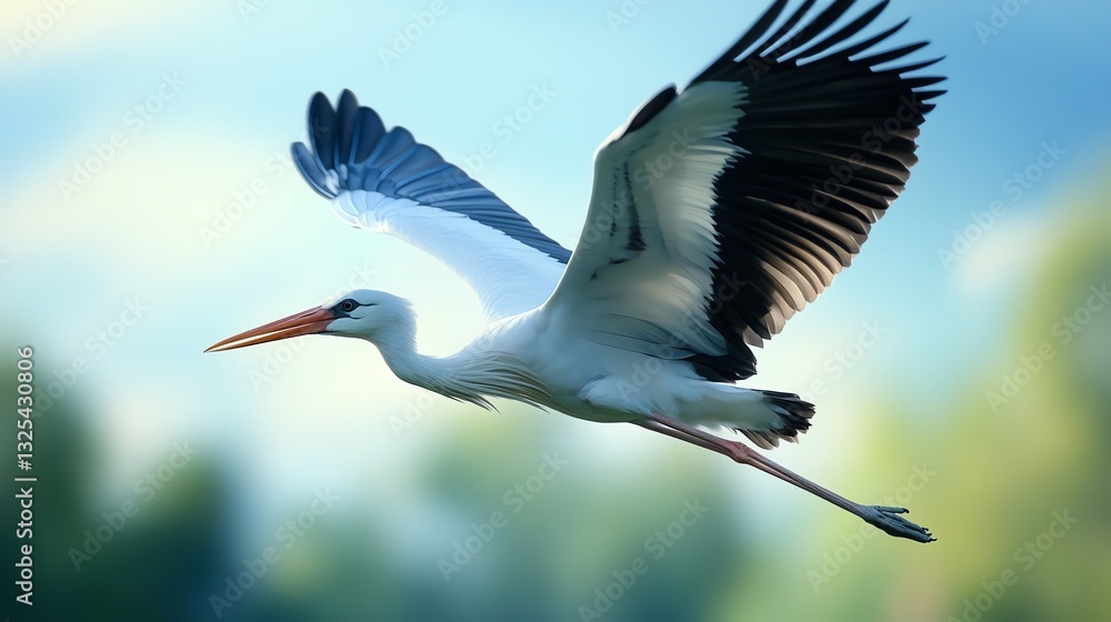 Fototapeta premium A graceful stork flies against a soft, blurred background, showcasing its striking wings and long legs in mid-flight.