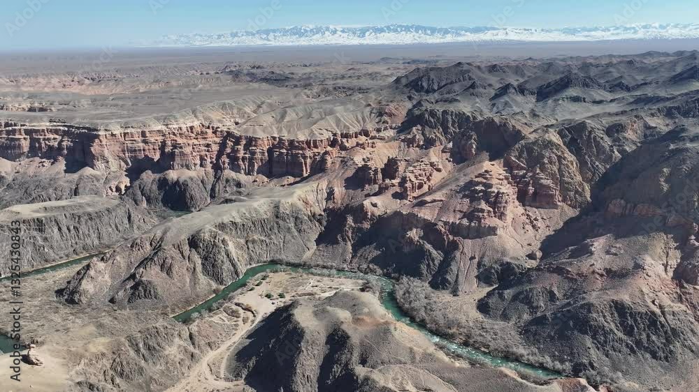View from a quadcopter to the Valley of Castles of the famous Charyn Canyon on a sunny day