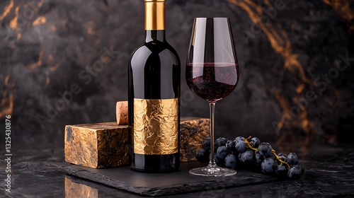 Red Wine Bottle, Gold-Foil Label, Glass, Grapes, and Cork on Dark Slate