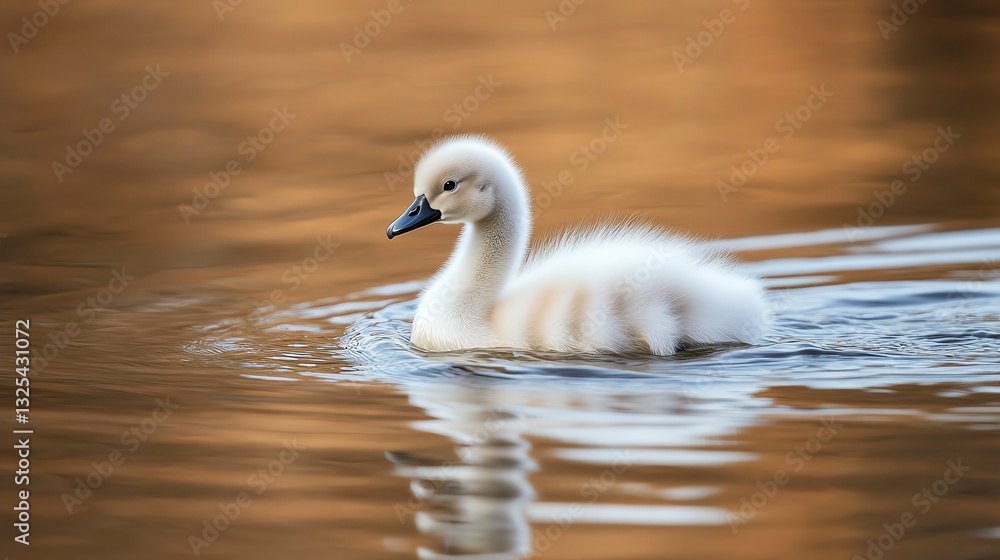 A fluffy cygnet swims gracefully in calm, reflective waters, surrounded by soft golden hues. A fluffy cygnet swims gracefully in calm, reflective waters, surrounded by soft golden hues.