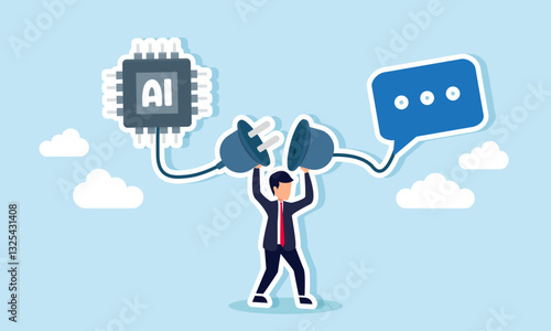 A businessman holds two power plugs connected to an AI chip and a chat dialog, illustration of the importance of adaptation and prompt memory for AI development